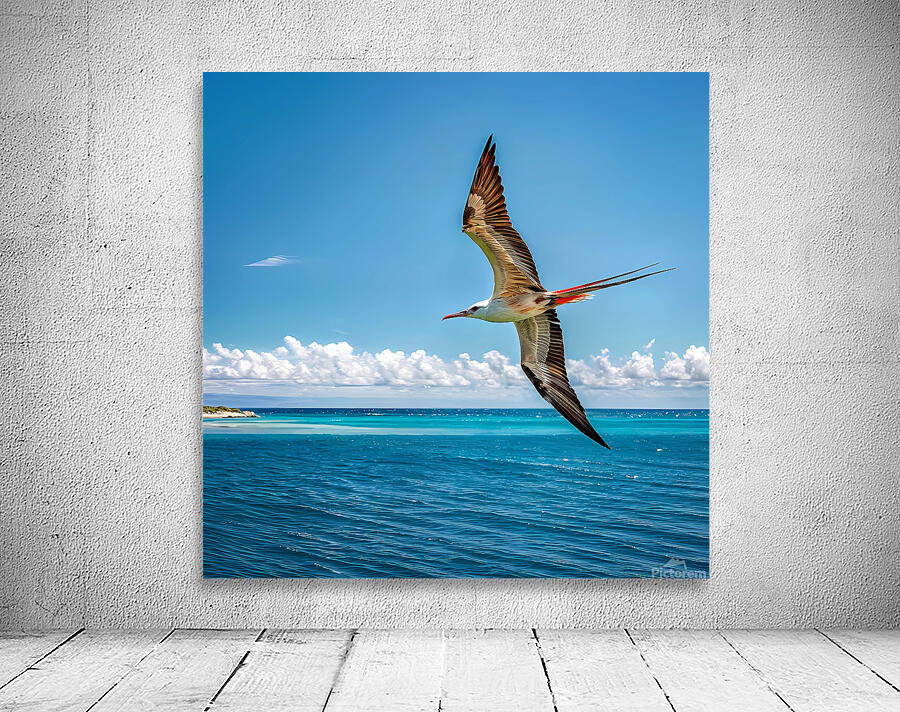 Artist Rassam the straw tailed bird flies over the sea blue sky by rassam Wall Art