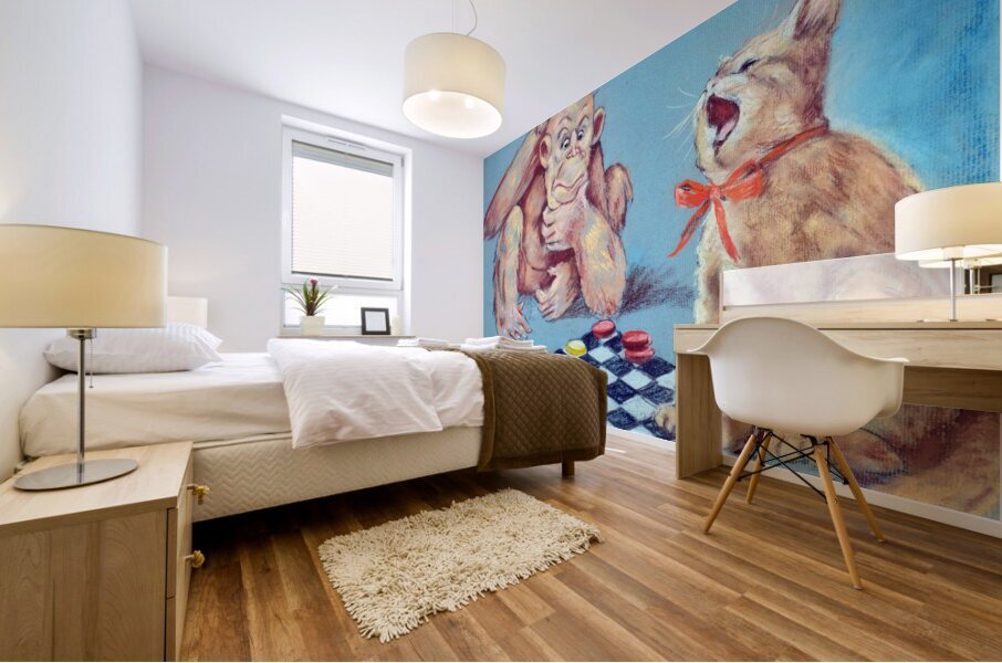 Monkey and Cat Playing Chess Mural print