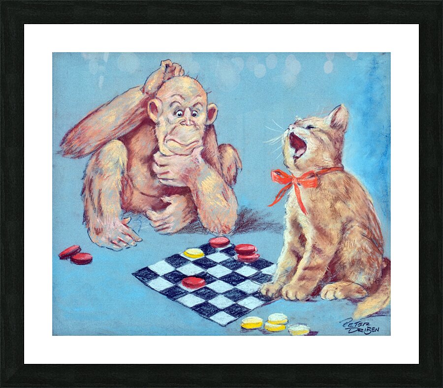 Monkey and Cat Playing Chess Picture Frame print
