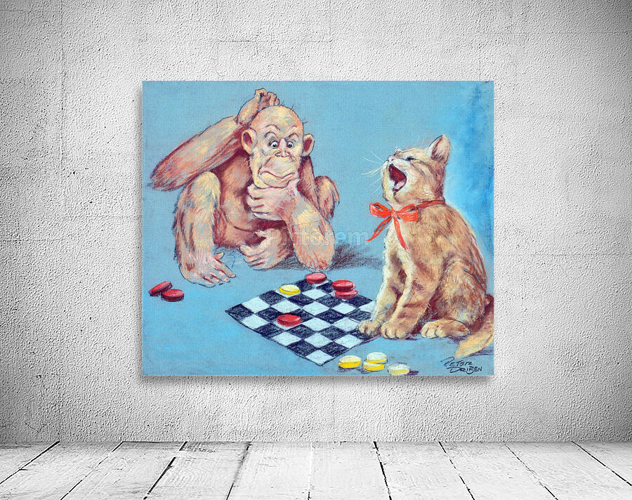 Monkey and Cat Playing Chess Wall Preview