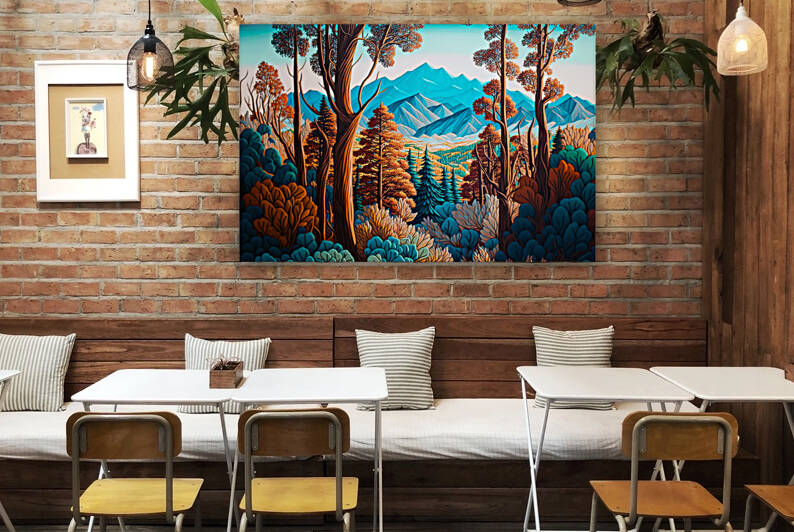 Hyper detailed but clean pastel oil painting showing a group of hundreds of trees and mountains as far as the eye can see.  by Mert Kosovaeri