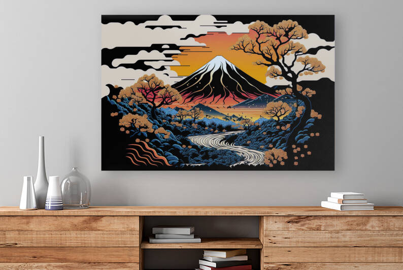 Fusion between Pop art deco and traditional Japanese ukiyo-e art Landscape art Hokusai Juji Ito Vector Pablo Picasso Intricate detail Stylized by Mert Kosovaeri