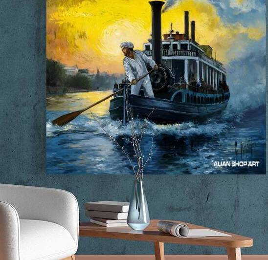 A sailor riding a steamship in the middle of the sea surrounded by waves by alianshopart