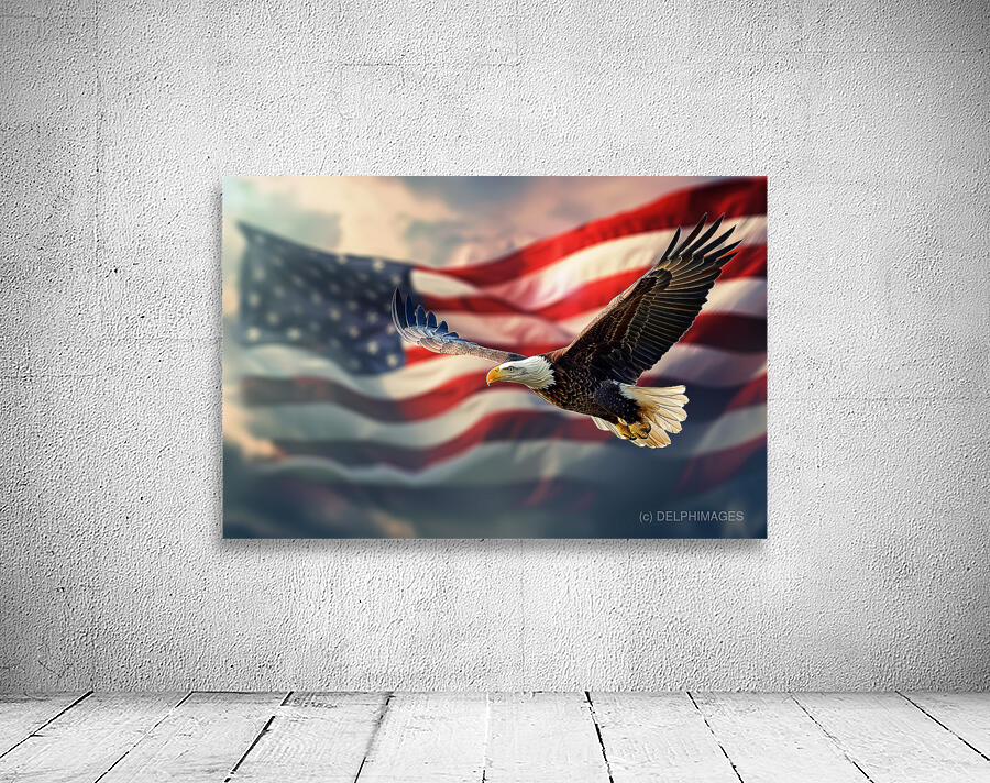 Bald eagle flying on US flag background Wall Preview