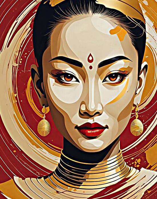Thai Woman portrait 3 | Luxurious Red and Gold by Dekel Bar