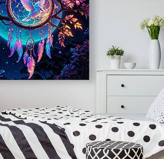 A beautiful bird on a tree branch illuminated by moonlight watching a gentle breeze blow through the dream catcher shooting a series of colorful dreams into the night sky by hoda