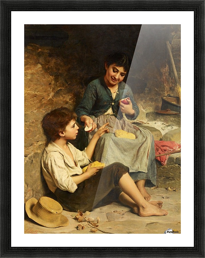 Two children with bread and apples Picture Frame print