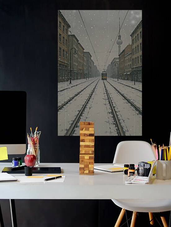 Snowy Tram Street Art: Urban Winter Cityscape Print by Artful Vision