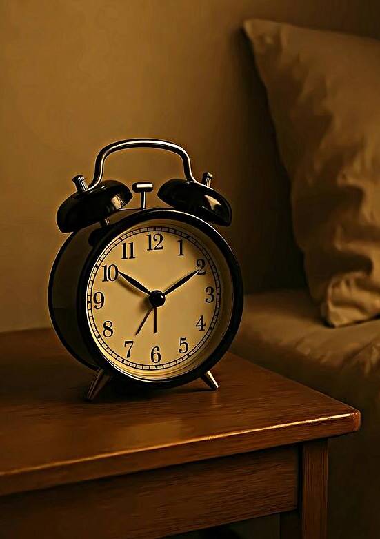 Vintage Alarm Clock Art: Cozy Nightstand Still Life Print by Artful Vision