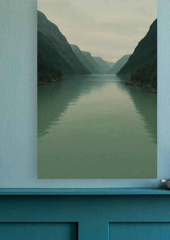 Serene Emerald Fjord Wall Art - Moody Nature River Landscape Print by Artful Vision