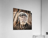 Old sailing ship captain face weathered with old wooden sailing ship in background  Acrylic Print