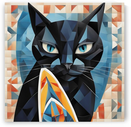 black cat on a surfboard with big blue eyes Cubism style by