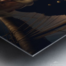 Old sailing ship captain looking at his old brass compass night time with ruff ocean behind him Metal print