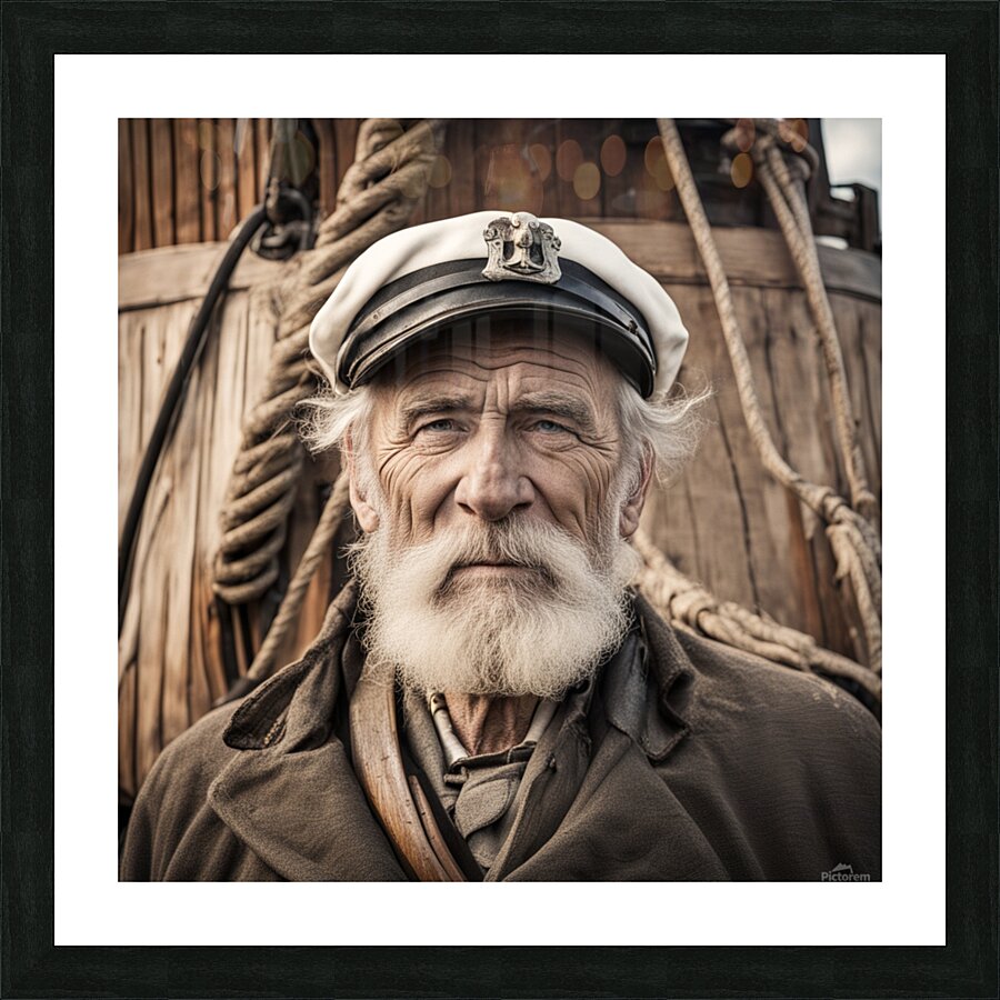 Old sailing ship captain face weathered with old wooden sailing ship in background  Picture Frame print