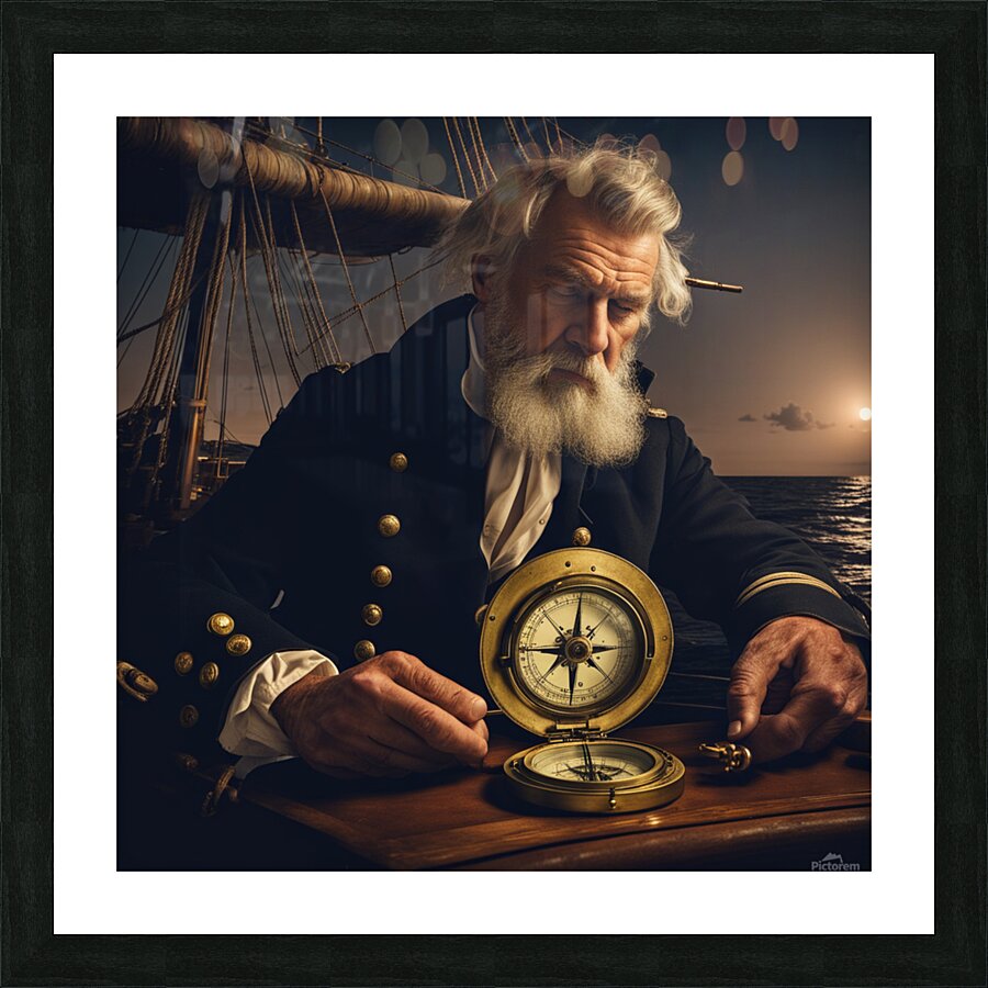 Old sailing ship captain looking at his old brass compass night time with ruff ocean behind him Picture Frame print