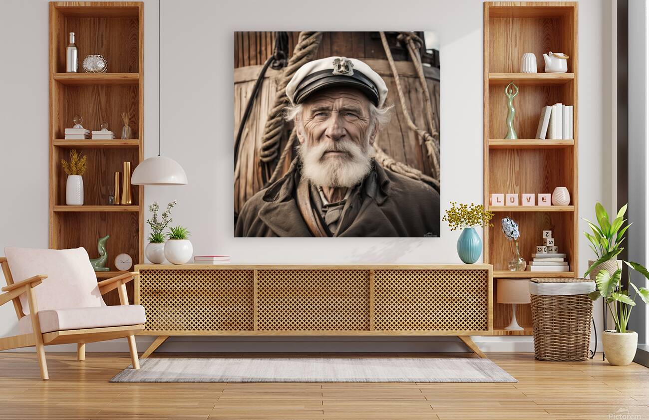 Old sailing ship captain face weathered with old wooden sailing ship in background  Reproduction