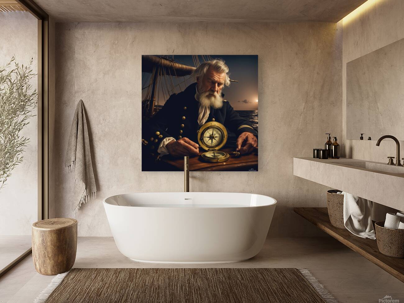 Old sailing ship captain looking at his old brass compass night time with ruff ocean behind him Reproduction