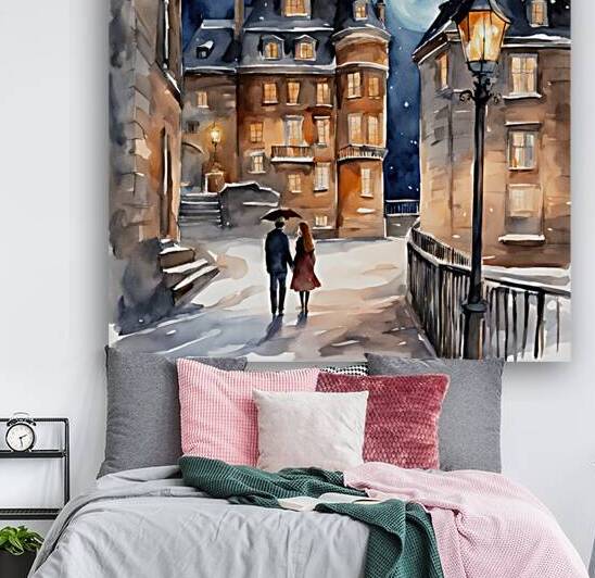  vieux Québec avec chateau frontenace  la nuit avec lampadaire sur une terasse avec couple damoureux Watercolor style by AIGALLERY