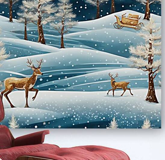 Merry Christmas shimmering snowy winter landscape with little pine trees jingling sleigh pulled by deerMerry Christmas shimmering snowy winter landscape with little pine trees jingling sleigh pulled by deer Van Gogh style by AIGALLERY