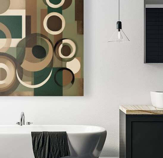 An abstract composition of overlapping circles and rectangles in earthy tones like brown tan and dark green with a textured background to create depth. Abstract style by AIGALLERY