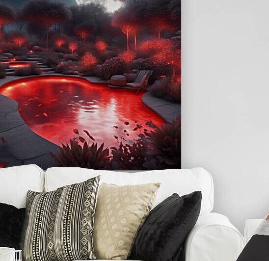 realistic Moonlit garden filled with glowing red pools with fire flys  by AIGALLERY