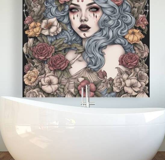Beautiful tattooed candy girl coloring book art intricate details vintage colors potions and flowers and the occult smoking devilish sinister pure witches pentagrams lillith Lilys pansies gardenias  Illustration style by AIGALLERY