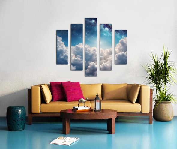 Half clear blue sky with fluffy white clouds and half space with
