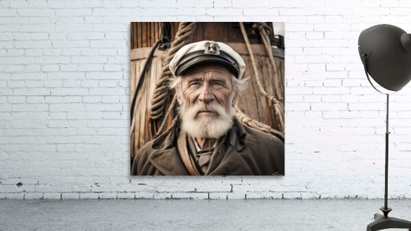 Old sailing ship captain face weathered with old wooden sailing ship in background  Wall Preview
