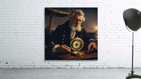 Old sailing ship captain looking at his old brass compass night time with ruff ocean behind him Wall Preview