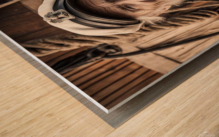 Old sailing ship captain face weathered with old wooden sailing ship in background  Wood print