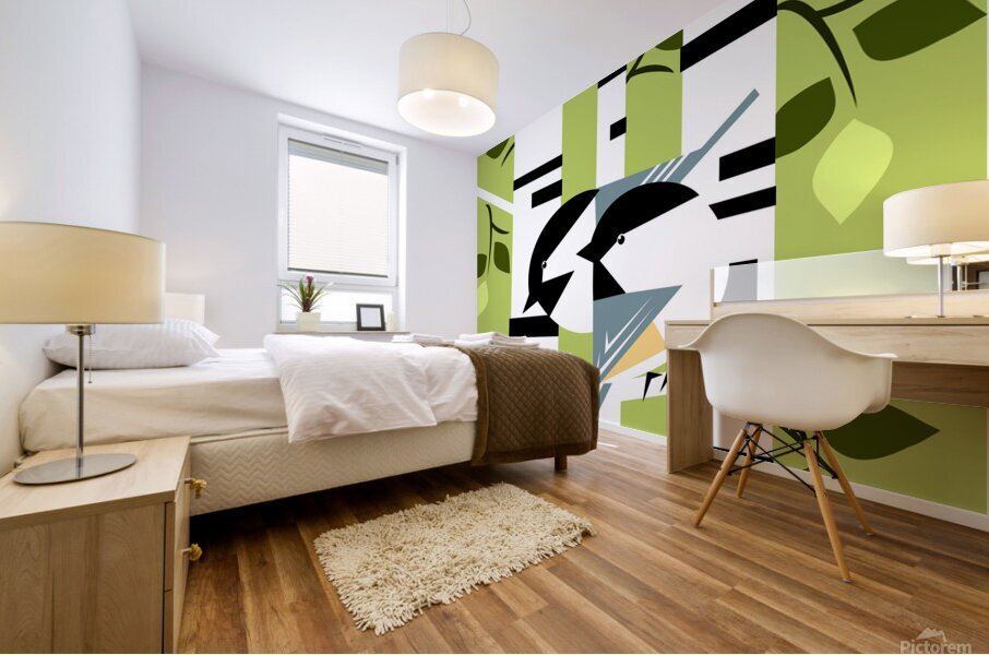 Birch Tree and Black Capped Chickadees Mural print