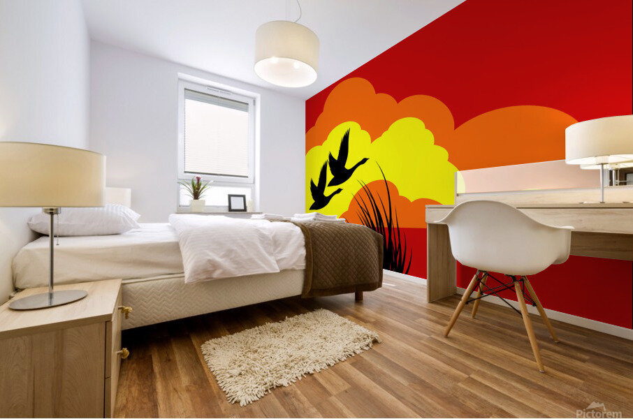 Sunset Flying Geese Silhouette Mural print