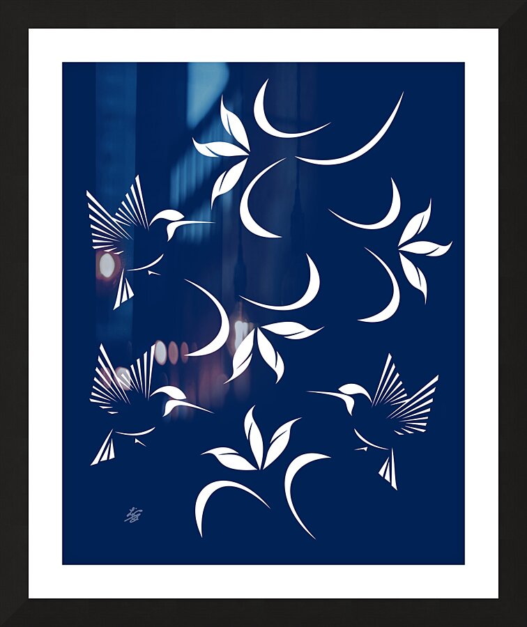 Hummingbird Pattern On Navy Blue Background Picture Frame print