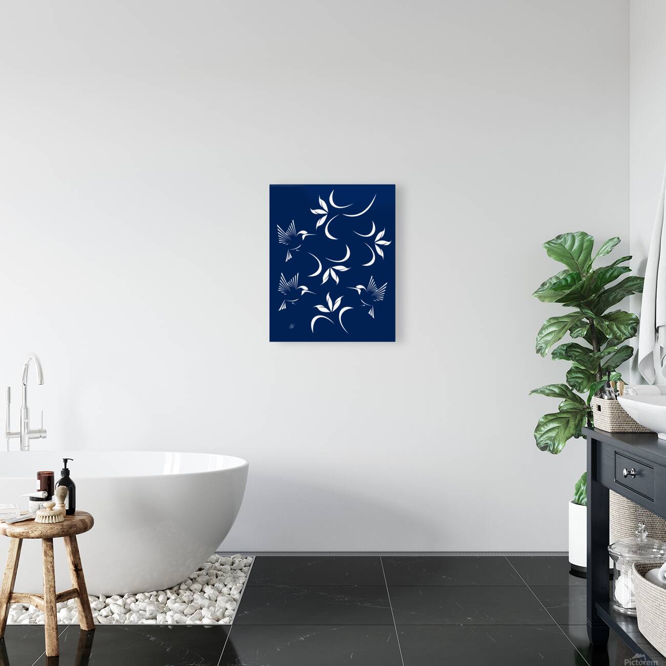 Hummingbird Pattern On Navy Blue Background Reproduction