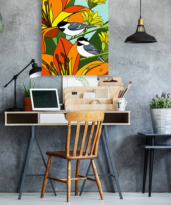 Black Capped chickadees With Orange Lily Flowers by Liz Cereby