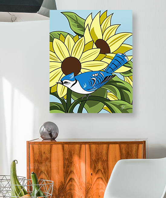Blue Jay Among Sunflowers by Liz Cereby