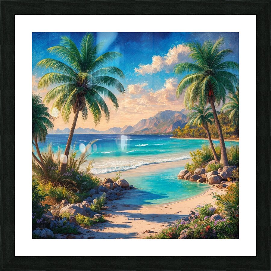 Serene beach landscape with palm trees crystal  Picture Frame print
