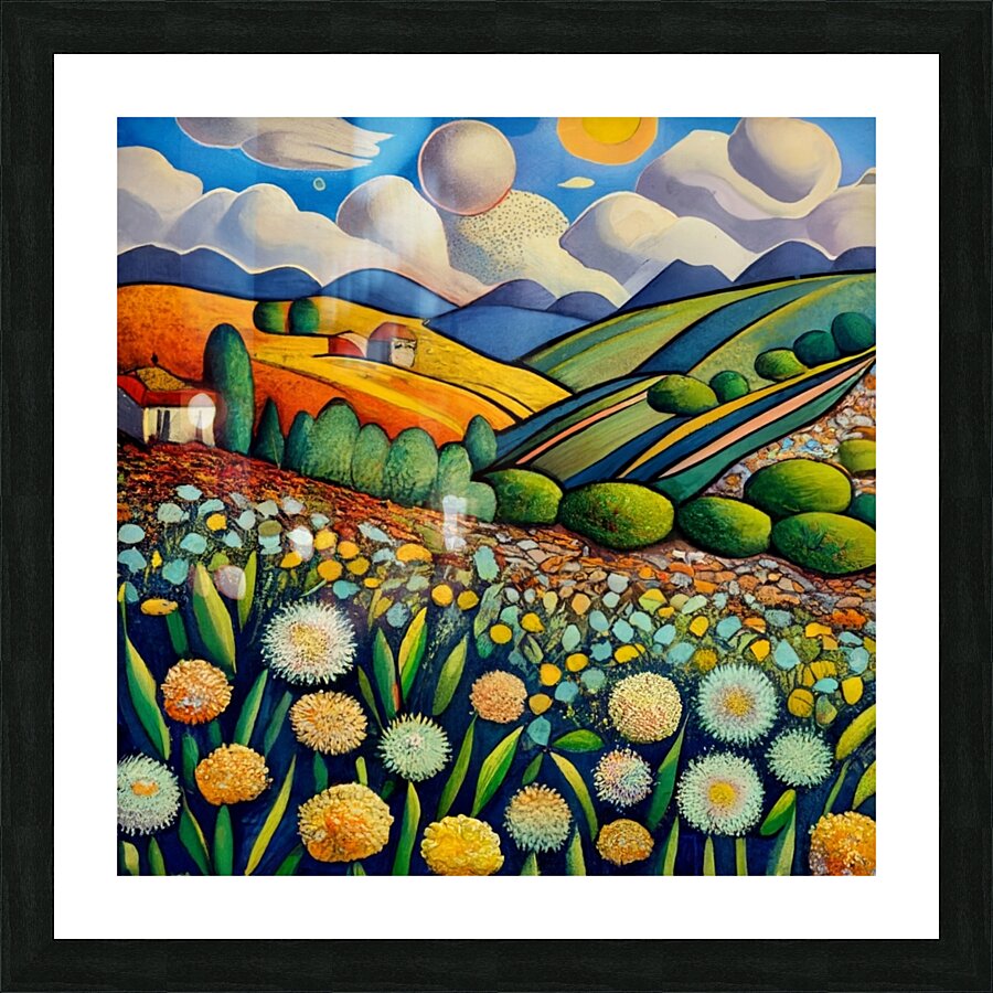 Van Gogh Flores y colinas atardecer watercolor Picture Frame print