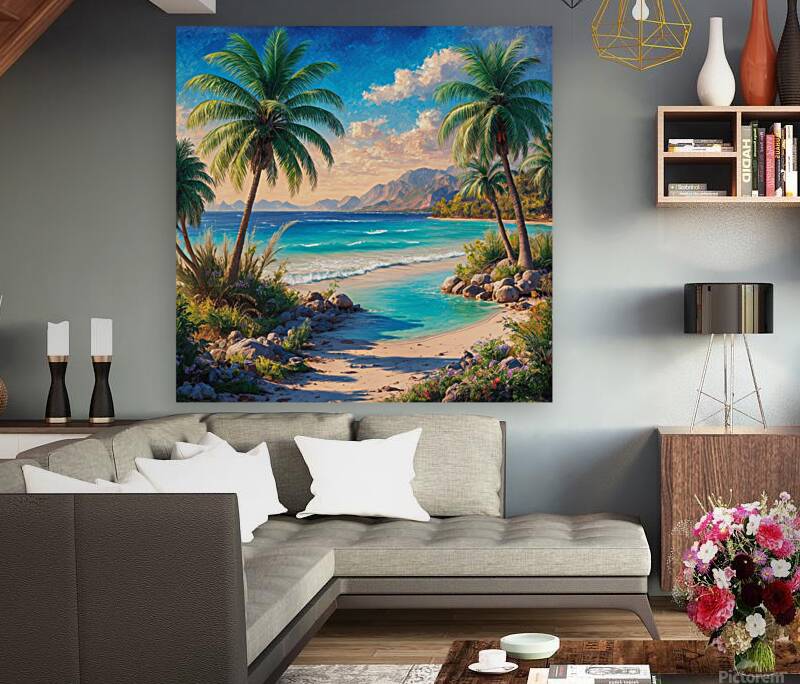 Serene beach landscape with palm trees crystal  Reproduction