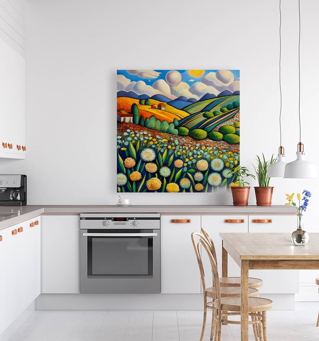 Van Gogh Flores y colinas atardecer watercolor Reproduction