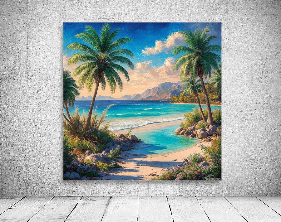 Serene beach landscape with palm trees crystal  Wall Preview