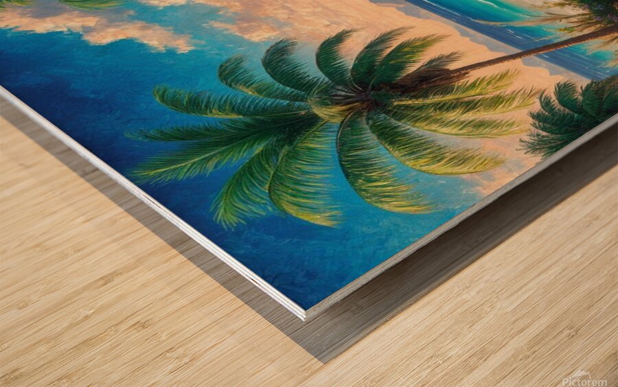 Serene beach landscape with palm trees crystal  Wood print