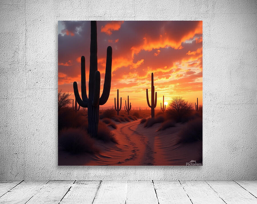 Cactus Sunset Trail – Desert Glow at Golden Hour Wall Preview