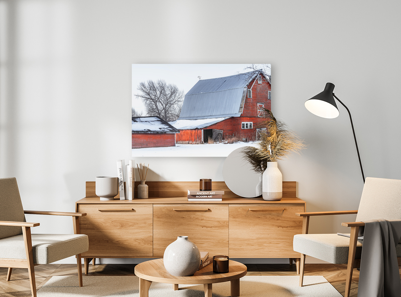 Red Barn Winter Scene Reproduction