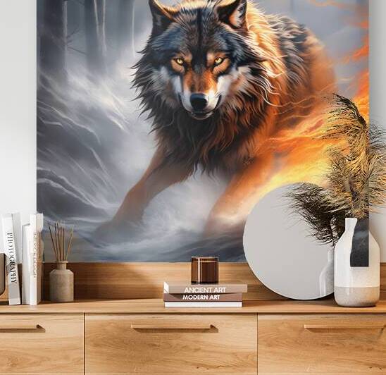 1 growling wolf dog enveloped in orange and black by NW OHIO IMAGES