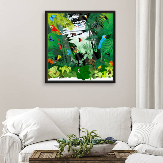 Vector brazil rainforest jungle illustration with parrot macaw ara toucan anaconda hummingbirds and butterflies by Save Jungle