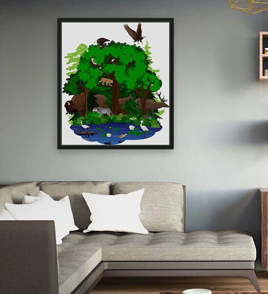 vector woodland green forest and lake with animals:  bison bald eagle deer wolf owl lynx racoon turtle spoonbill Curlew and Ibis  by Save Jungle