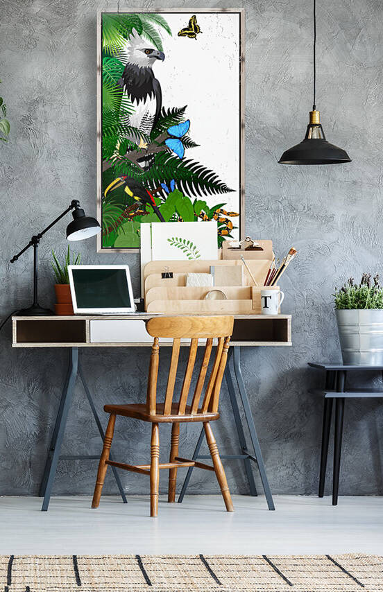 Vector jungle rainforest foliage vertical border illustration with Harpy Eagle python aracari toucanet and butterflies note for reviewer: Butterfly NOT auto-traced  by Save Jungle