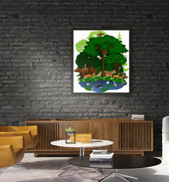 vector woodland green forest and lake with animals: eagle snake fox wild hog grizzly bear cougar puma deers barn owl turtle black stork heron and bittern by Save Jungle