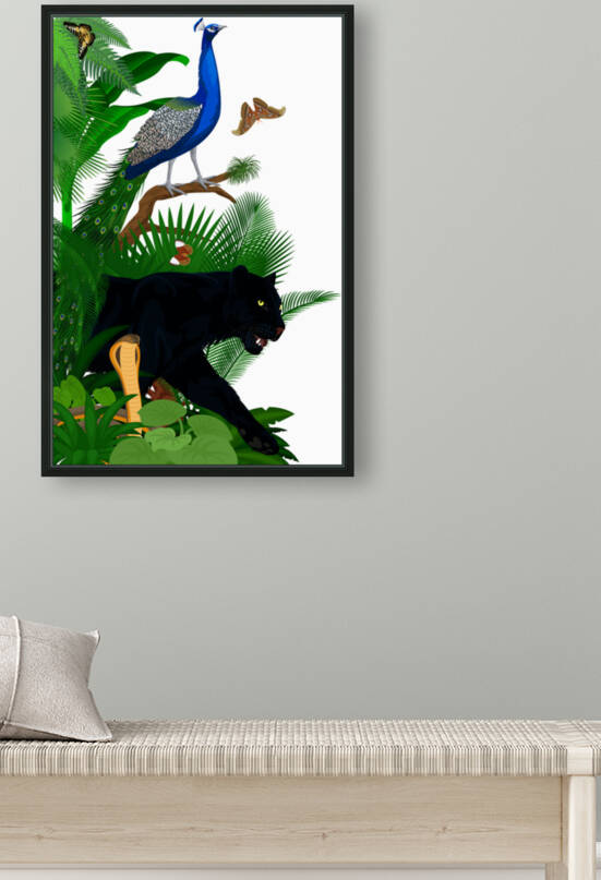 Vector jungle rainforest foliage vertical border illustration with King cobra black panther male peacock peafowl and butterflies by Save Jungle